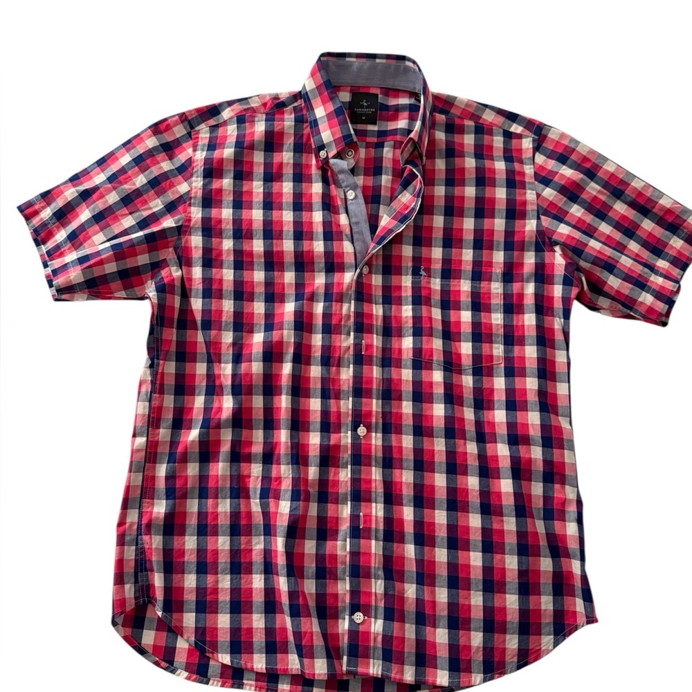 TailorByrd Collection Short Sleeve Button Down Shirt Red Navy White Plaid Size M